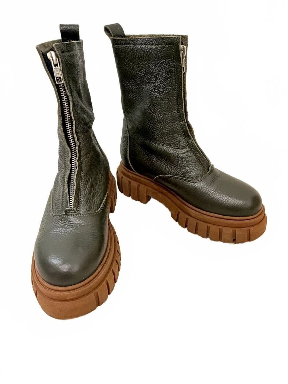 Meline MLN Italy Front Zip Olive Green Leather Chunky Gum Lug Boots Size 36 / 6